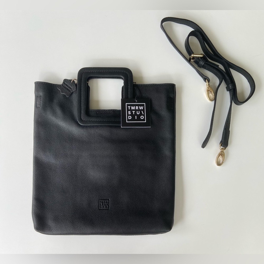 TMRW Studio Milo Black Leather Fold Over Clutch Crossbody Handbag